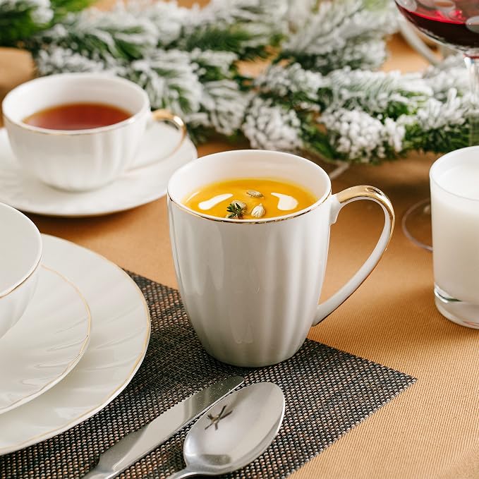 BTaT- White Porcelain Coffee Mug Set, 6 Pack, 12oz, Gold Trim Design | Elegant Coffee Mugs Home Office Tea Cappuccino Hot Beverage Serving Drinkware