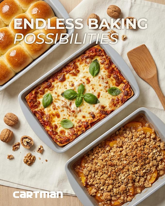 CARTMAN Cake Pan Set with Lids (2 Pans+2 Lids), 9x13 Inch Non-Stick Rectangular Coated Baking Pan, Healthy Toxin-Free Bakeware for Lasagna & Bread, Elegant Two-Tone Aesthetic Design, Cream