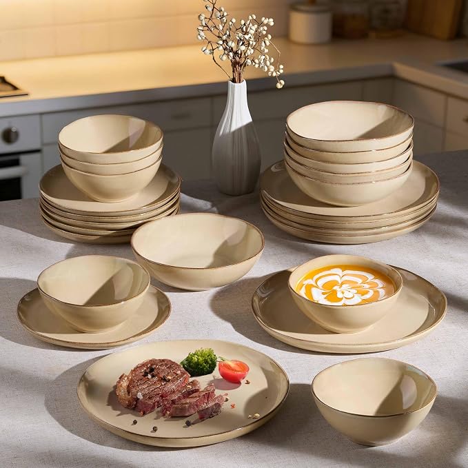 Herogo Dinnerware Sets for 6, 24pcs Stoneware Dinner Dish Set, Irregular Handmade Plates and Bowls Dishware, Crack and Scratch Resistant, Microwave & Dishwasher Safe, Cream Khaki