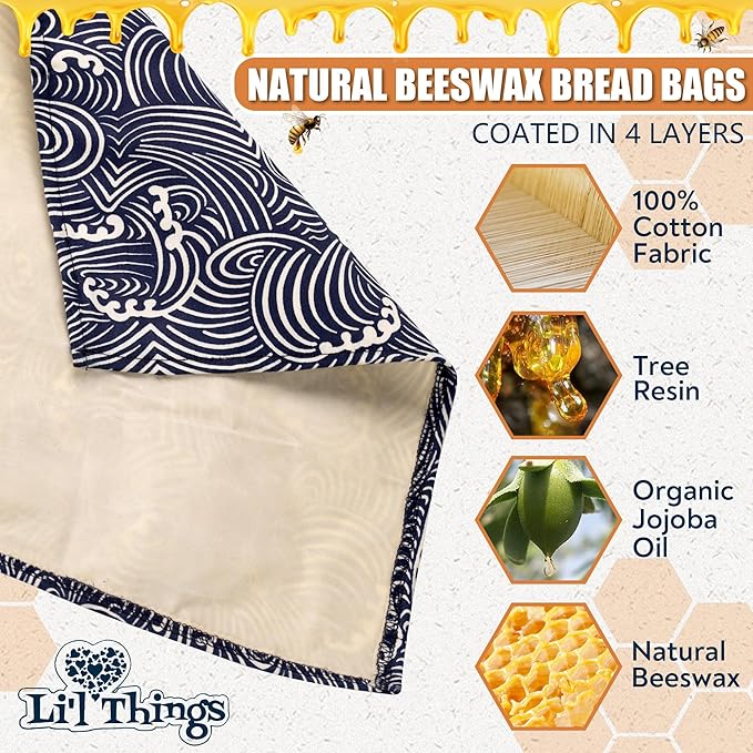 Sourdough Bread Bag – Reusable Beeswax Bread Storage Bags (2 Sizes) for Homemade & Artisan Loaves, Plastic-Free Bread Keeper – Japanese Araumi Waves (CLASSIC)- While Stocks Last