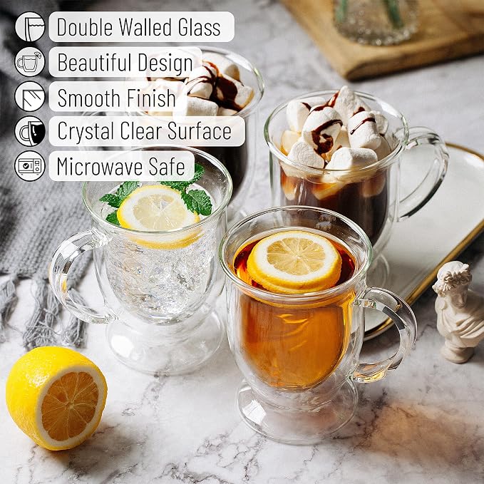 BTaT- Double Walled Glass Coffee Mugs, 12 oz, Set of 4, Glass Coffee Cups with Handle, Insulated Clear Coffee Mug for Hot and Cold Beverages, Cappuccino, Latte, Tea, Americano, Microwave Safe