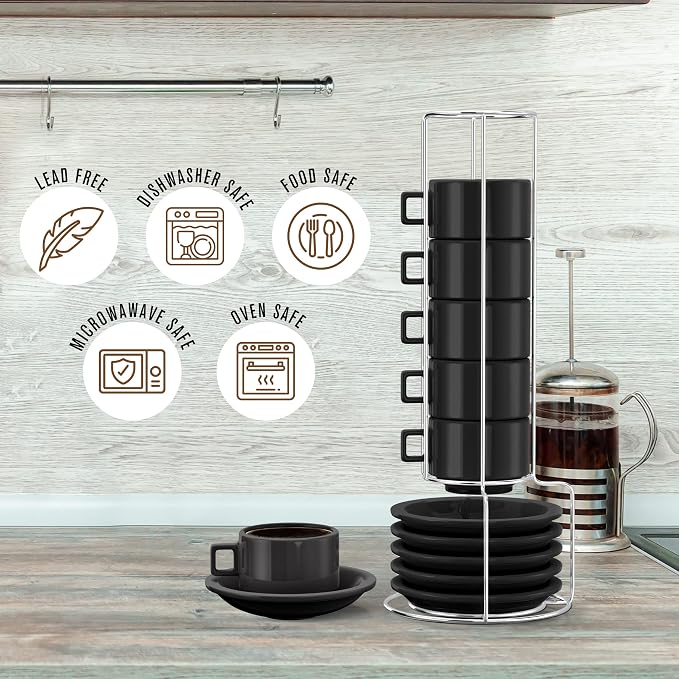 Houseables Espresso Cup Set, Espresso Cups Stackable, Expresso, Demitasse, with Saucers, Stand, Spoons, Coffee Mugs, Juego De Tazas Para Cafe, Porcelain, Stacking, 19 Pieces, Set of 6, 2.5 oz, Black