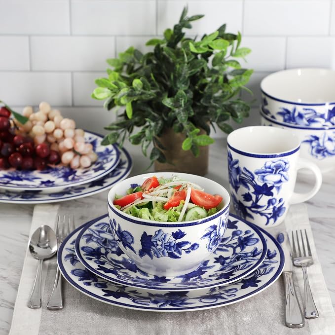 Elama Cattleya Orchid Design 16 Piece Round Porcelain Dinnerware Set in Blue and White, Tableware Set, Service for 4