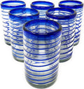 Hand Blown Mexican Drinking Glasses – Set of 6 Glasses with Cobalt Blue Spiral Design (14 oz each)