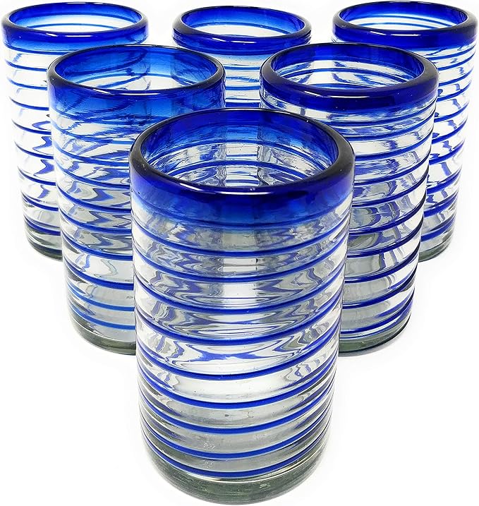 Hand Blown Mexican Drinking Glasses – Set of 6 Glasses with Cobalt Blue Spiral Design (14 oz each)