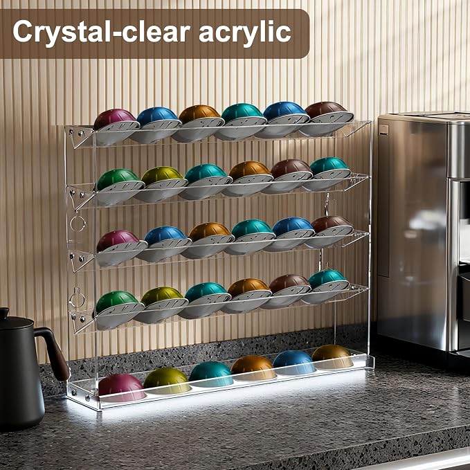 5 Tier Coffee Pod Holder for Nespresso Vertuo, Wall Mount K Cup Holder for Small Space, Clear Acrylic Coffee Pod Organizer Compatible with Most Standard Pods (30-50 Pod Storage)