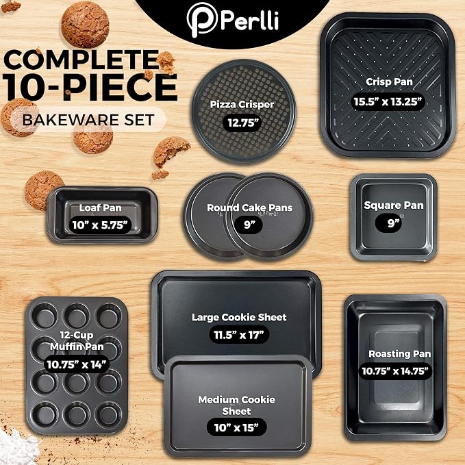 PERLLI Non-Stick 10-Piece Bakeware Set – Carbon Steel with Even Heat Distribution, Oven Safe to 446°F, BPA-Free, Dishwasher Safe, Stackable Baking Tools for Easy Storage and Everyday Cooking - Gray