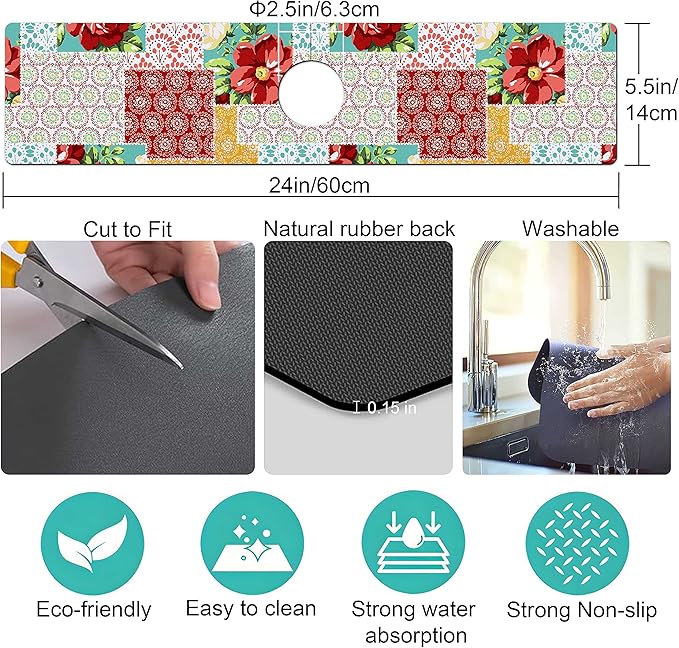 Kitchen Sink Splash Guard Faucet Mat Super Absorbent Fast Drying Mat Sink Gadgets Splash Guard Behind Faucet Drip Catcher for Kitchen (Boho Trellis, 23.5x5.5in)