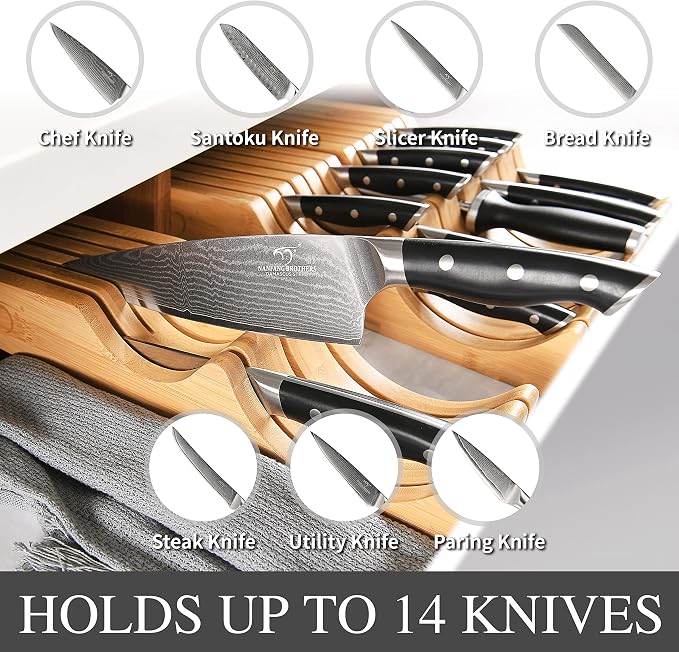 In-Drawer Knife Block with 14 Pieces Japanese Damascus Knives and Sharpener, Bamboo Knife Drawer Organizer with 67-Layer Damascus Steel, Slots for 13 Knives Kitchen Drawer, Counter Top