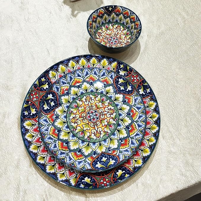 YA JU Mandala Dinnerware Sets (12 Pcs) Serves 4, Buffet Dinnerware, Boho Plates and Bowls Dish Set with 8" Deep Plate 10" dinner Plate 4.8" bowl, apply Casual dining Indoor Outdoor Dining Party