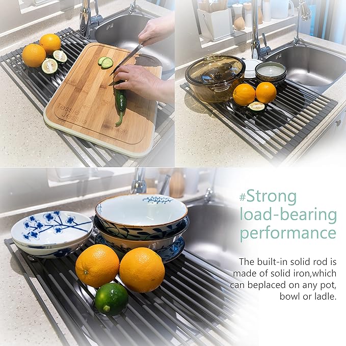 Bigdata&BetterLife Roll Up Dish Drying Rack Simple Large Space Saving Dish Drying Mat for Kitchen Foldable Silicone Coated Stainless Steel Heavy Duty Dry Rack(Black, 20.5" x 13.1")