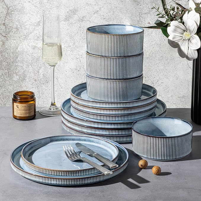 GBHOME 12-Piece Stoneware Dinnerware Set for 4 – Ribbed Ceramic Plates and Bowls, Scratch-Resistant, Microwave & Dishwasher Safe, Reactive Glaze, Deep Tidal Blue