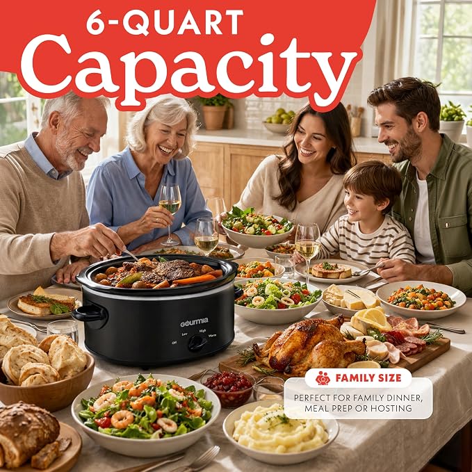 Gourmia Slow Cooker - 6 Quart Removable Ceramic Pot, Manual Controls with 3 Temperature Settings, Dishwasher Safe Crock and Glass Lid, Black