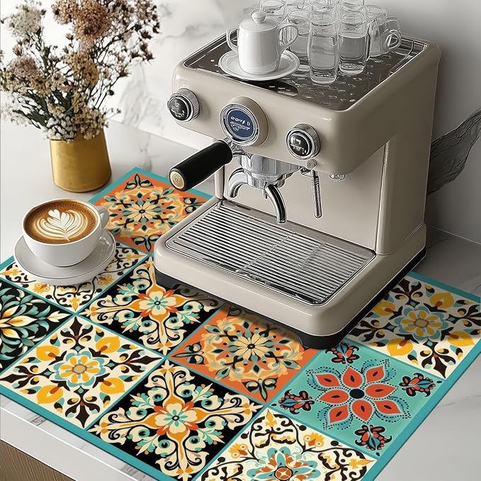 HOMETITUTE Stove Top Cover 28x20 Inch Diatomite Kitchen Mat Spanish Tile Boho Style Heat Resistant Coffee Mat Stove Cover for Electric Pad Countertop Protector Kitchen Decor