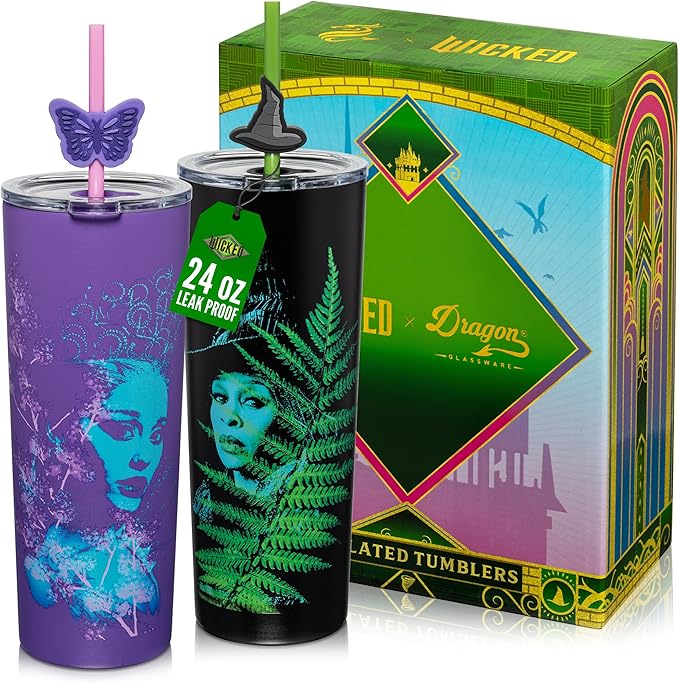 Dragon Glassware x Wicked: For Good 2-Pack 24 oz Vacuum Insulated Tumbler with Lid and Straw - Set of 2 Tumblers with 4 Straws and Toppers - Official Wicked Merch - For Good