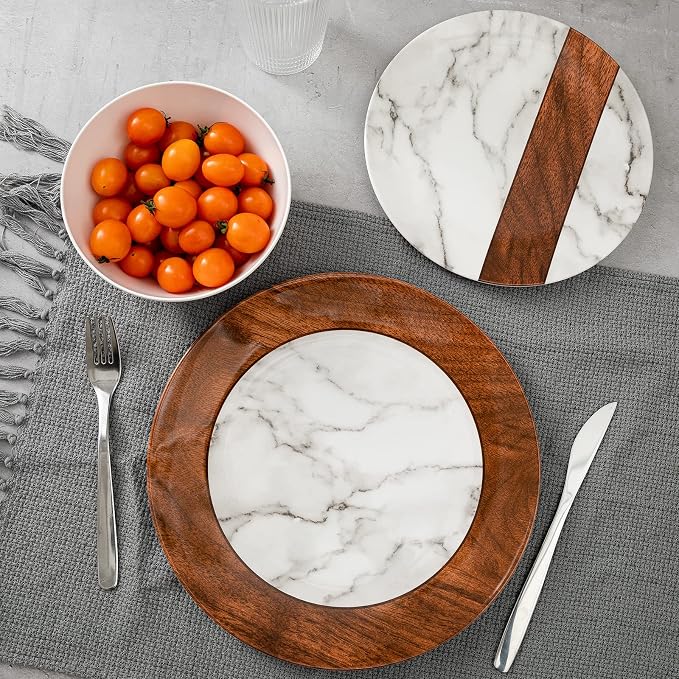 LEHAHA Rustic Modern Melamine Dinnerware Sets, Marble 12-Piece Lightweight Outdoor Plates and Bowls Sets, Unbreakable Wood Patterns Dishes Dinnerware Set, Service for 4…