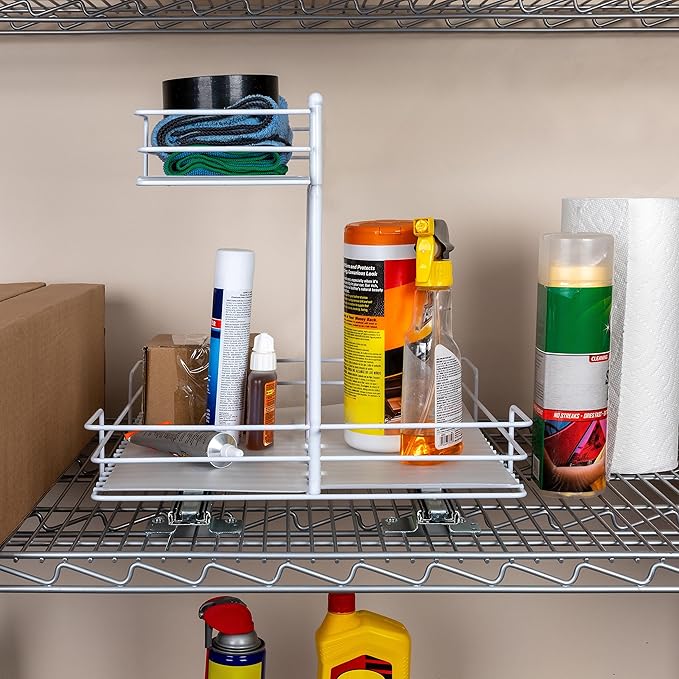 Household Essentials Glidez Paint-Finished Steel Pull-Out/Slide-Out Storage Organizer with Plastic Liners for Under Sink or Cabinet Use- 2 -Tier Design - Fits Standard Size Cabinet or Shelf, White