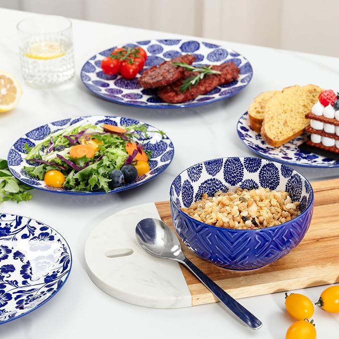 LEHAHA 12 Pieces Modern Porcelain Dinnerware Set，Service for 4, Ceramic Plates and Bowls Sets, Kitchen Dinner, Salad, Dessert Plate and Cereal Bowl Set, Ceramics Dishes Set, Blue and White