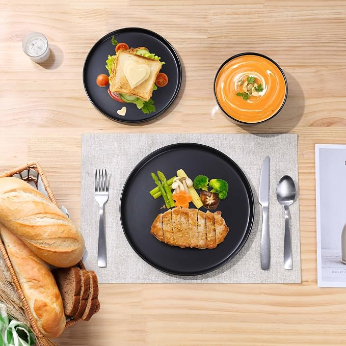 Herogo 18 Pieces Stoneware Dinnerware Sets for 6, Dinner Plates and Bowls Set, Reactive Glaze Dishes for Kitchen, Chip Resistant, Microwave & Dishwasher Safe, Matte Black