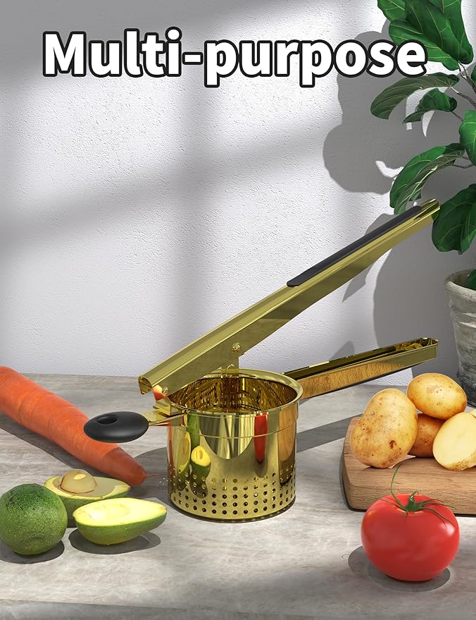 GloTika Large 15oz Potato Ricer, Heavy Duty Stainless Steel Ricer for Mashed Potatoes, Sweet Potato Masher Kitchen Tool with Ergonomic Handle, Press and Mash Kitchen Gadget, Gold