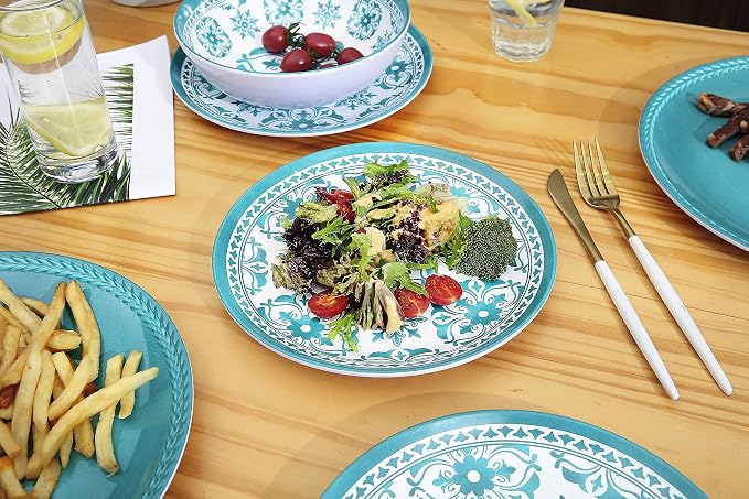 Webbylee Melamine Dinnerware Set，12-Piece Plate and Bowl Sets，Unbreakable Dish Set Service for 4–Dishwasher Safe&Lightweight Dishes,Green Dinnerware for Indoor/Outdoor Use, Gift