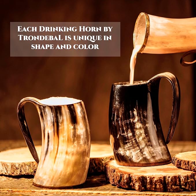 Trondebal Viking Drinking Horn Mug – 15-20 oz Authentic Ox Horn Beer Mug with Burlap Bag & Bottle Opener, Unique Gift for Men, Brother, Dad, Husband, Norse Tankard for Mead Ale & Whiskey