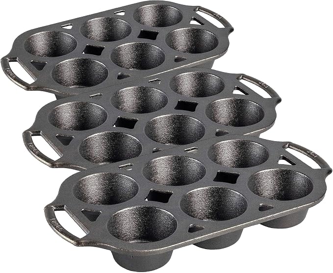 Lodge Seasoned Cast Iron Muffin Pan, 6 Impressions, 12.69", Black (Pack of 3)
