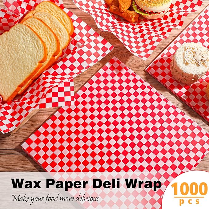 Spakon 1000 Sheets Wax Deli Paper Sheets for Food 12 x 12 Inch Checkered Dry Waxed Deli Basket Liners for Sandwich Wrapping, Food Basket Liners, Picnic party(Red-white)