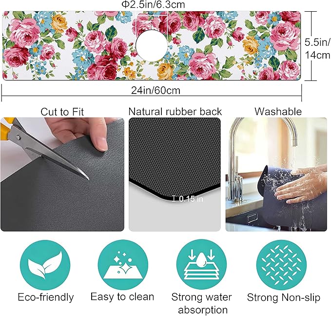 Kitchen Sink Splash Guard Faucet Mat Super Absorbent Fast Drying Mat Sink Gadgets Splash Guard Behind Faucet Drip Catcher for Kitchen (Pink Red Roses Floral, 23.5x5.5in)