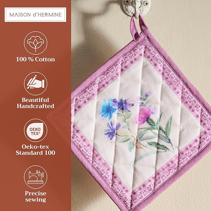 Maison d' Hermine Pot Holders 100% Cotton Heat Resistant Potholders 8" x 8" Hot Pads with Loop BBQ Cooking Baking Gifts for Mothers Day Handling Hot Pans Spring/Summer (Pack of 2, Chardon)