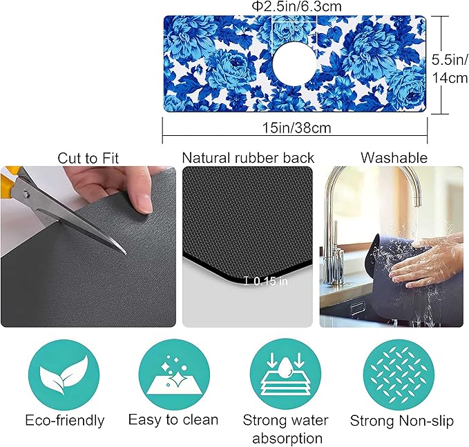 Kitchen Sink Splash Guard Faucet Mat Super Absorbent Fast Drying Mat Sink Gadgets Splash Guard Behind Faucet Drip Catcher for Kitchen (Blue Flowers, 15x5.5in)