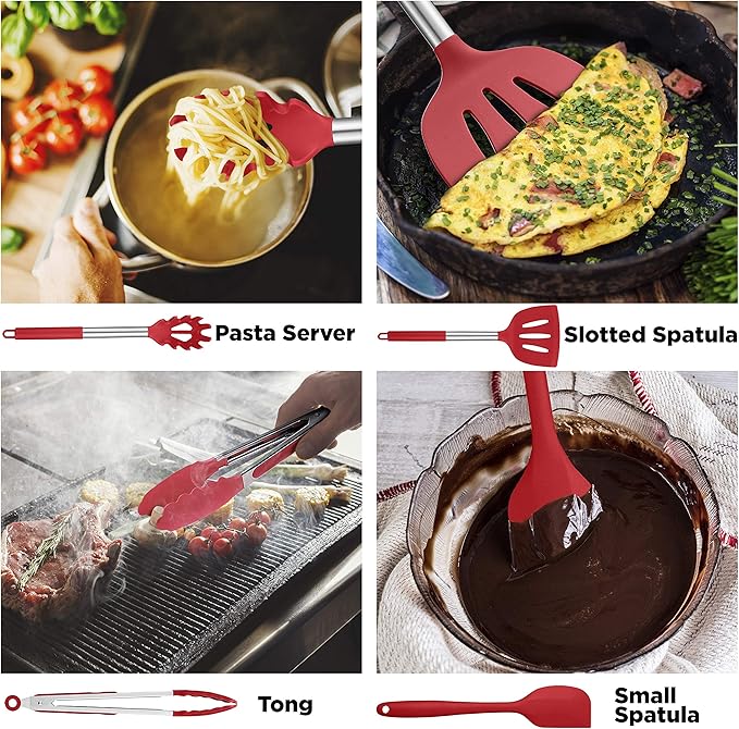 Essential Kitchen Duo: Stainless Steel Garlic Press & 14-Piece Cooking Utensils with Holder Red