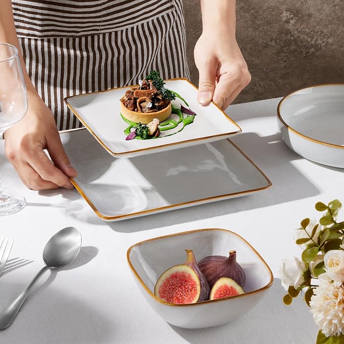 E-far Square plates and bowls Sets for 6, 18-Piece Reactive Glaze Stoneware Dinnerware Sets, Porcelain Dishware Sets for Kitchen Home, Microwave & Dishwasher Safe, Seashell White