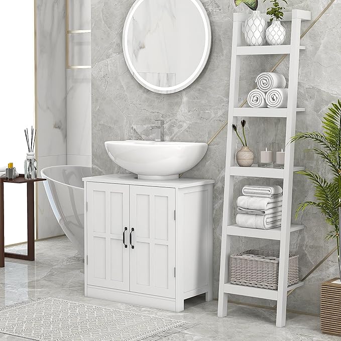 kleankin Pedestal Sink Storage Cabinet, Under Sink Cabinet with 2 Doors and Adjustable Shelf, Bathroom Vanity with U-Shape Cut-Out, White