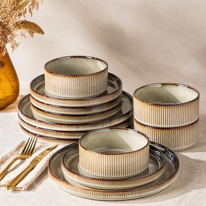 GBHOME Stoneware Dinnerware Sets for 4,12 Pieces Lightweight Ceramic Ribbed Plates and Bowls Set,Reactive Glaze Stackable Plate Sets,Scratch Resistant Dishes,Microwave &Dishwasher Safe, Smokey Taupe