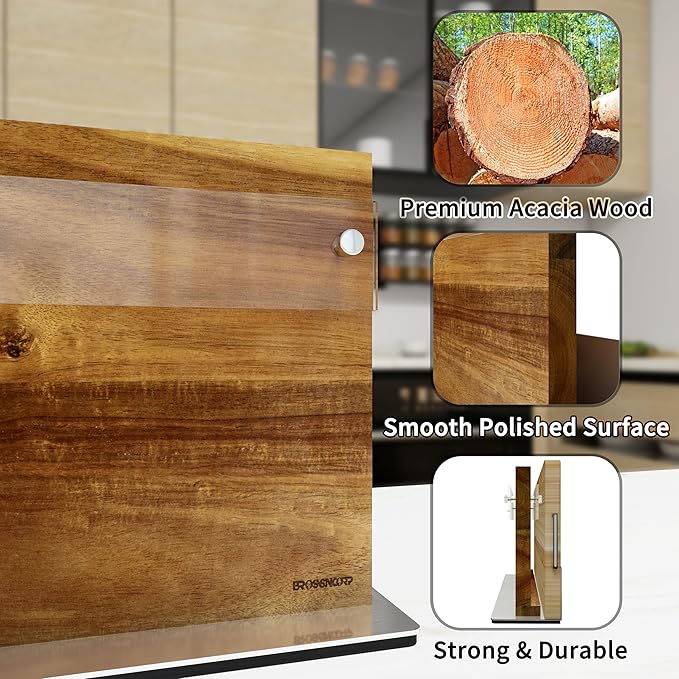 Brosisincorp Acacia Magnetic Knife Block Double-Sided for Kitchen Counter Top - Heavy Duty Base & Shatter-Resistant Acrylic Shield, Holds 10-12 Knives, Space Saving Organizer (No Knives Included)