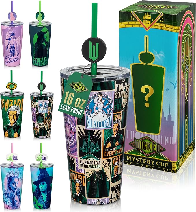 Dragon Glassware x Wicked: For Good 16 oz Blind Box Tumbler - Vacuum Insulated Tumbler Cup with 2 Straws - Stainless Steel Tumbler with Straw Topper for Water, Iced Tea