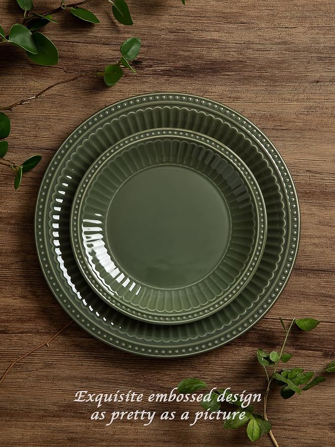 Famiware Garden 12-Piece Embossed Plates and Bowls Sets, Stoneware Reactive Glaze Dishes Dinnerware Set, Modern Rustic, Chip & Scratch Resistant, Microwave & Dishwasher Safe, Service for 4, Dark Green