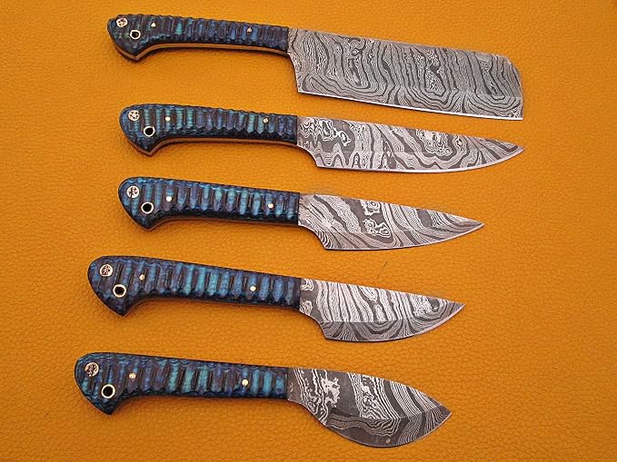 Custom made hand forged Damascus steel full tang blade kitchen knife set, Overall 45 inches Length of Damascus sharp knives (10.6+9.6+9.0+8.0+7.6) Inches, Leather suede sheath (Blue Jigged)