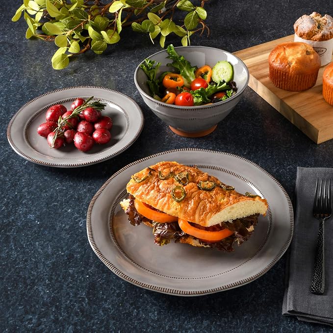 Gibson Elite Terranea Round Reactive Glaze Terra Cotta Dinnerware Set, Service for Four (12pcs), Grey