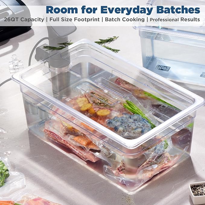 CURTA 26 Qt Extra Large Sous Vide Container with Notched Lid, 1/1 Full Size 8" Deep Polycarbonate Water Bath Tub, Fits Anova and Most Cookers (Immersion Circulator NOT Included)