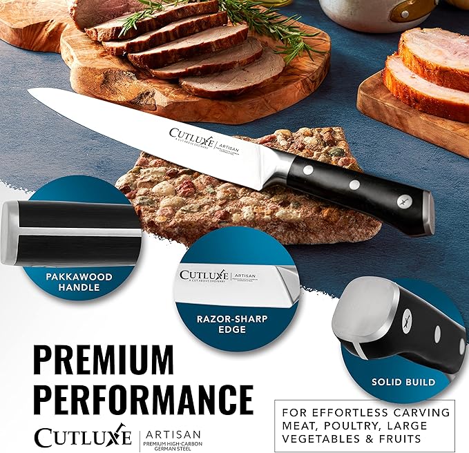 Cutluxe Turkey Carving Knife – 9" Carving Knife for Meat – Razor Sharp & Full Tang – High Carbon German Steel – Ergonomic Handle Design – Artisan Series