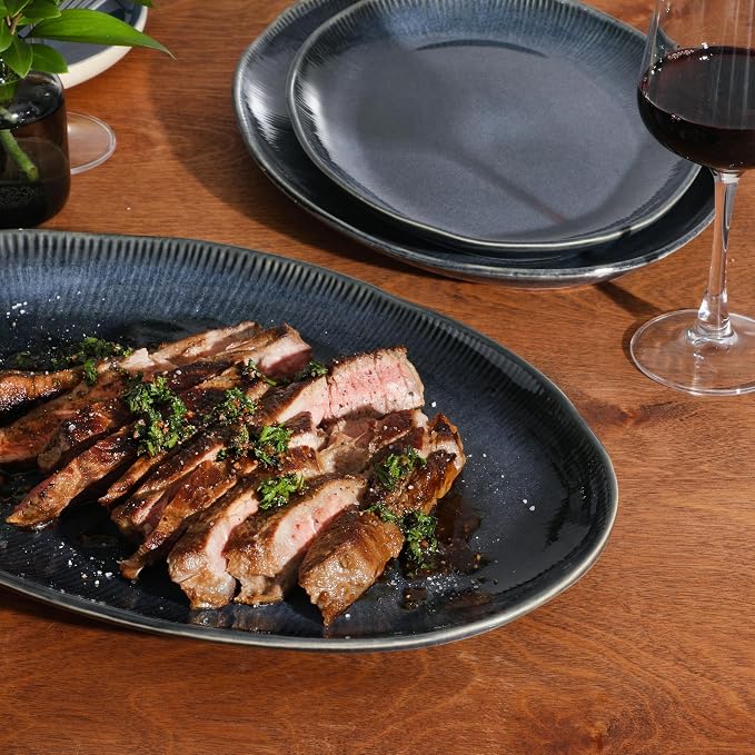 Gibson Elite Sandy Pines 3 Piece Oval Platter Set, 15.7”, 13.75” & 12” Stoneware Serving Platters, Reactive Glaze Finish, Blue, Microwave & Dishwasher Safe