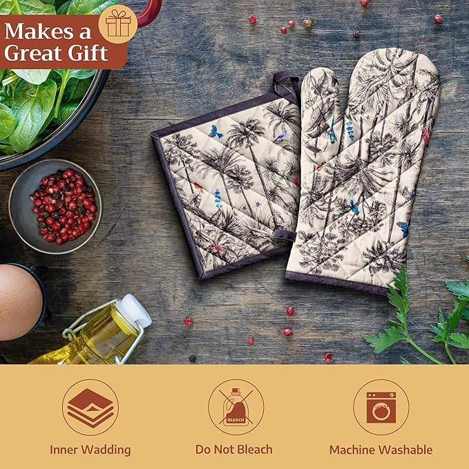 Maison d' Hermine 100% Cotton Oven Mitt & Pot Holder Set (7.5"x13" & 8"x8") Heat Resistant BBQ Cooking Gloves with Loop for Thanksgiving Christmas Decorations Handling Hot Pans (Amazonia)