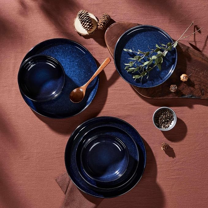 LIANYU Ceramic Plates and Bowls for 4, 12 Piece Modern Porcelain Dinnerware Dishes Sets, Chip and Scratch Resistant Dishware Set, Dishwasher & Microwave Safe Stoneware Set, Midnight Blue