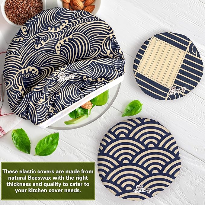 Beeswax Bowl Covers Set of 5 (XS–XL) – Reusable Elastic Food Covers for Bowls – Organic Cotton with Beeswax, Washable & Plastic-Free | Li’l Things – Japanese Waves