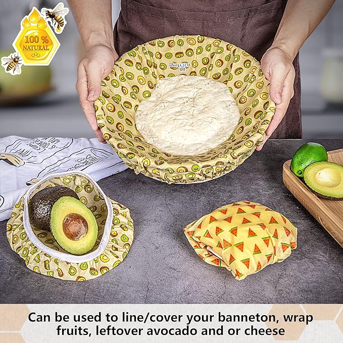 Beeswax Bowl Covers Set of 5 (XS–XL) – Reusable Elastic Food Covers for Bowls – Organic Cotton with Beeswax, Washable & Plastic-Free | Li’l Things- Fruity Fruit