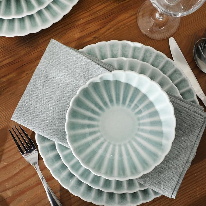 Gibson Elite Peach Orchard 12-Piece New Bone China Dinnerware Set Service for 4, Embossed Fluted Plates and Bowls, Dishwasher and Microwave Safe, Aqua Blue