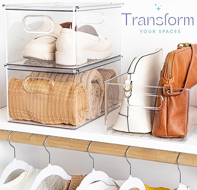 primebox Plastic Clear Stackable Storage Bins with Lids. Great for Pantry or Kitchen Organization. Fridge Organization Containers. Cabinet, Bathroom Organizer. 4 Pack
