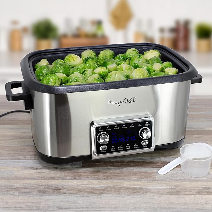 MegaChef Deluxe 8 Quart 12-in-1 Programmable Multi Cooker with Sous Vide and Multi-Functions, Digital Display, Adjustable Temperature & Time, Removable Pot, Tempered Glass Lid